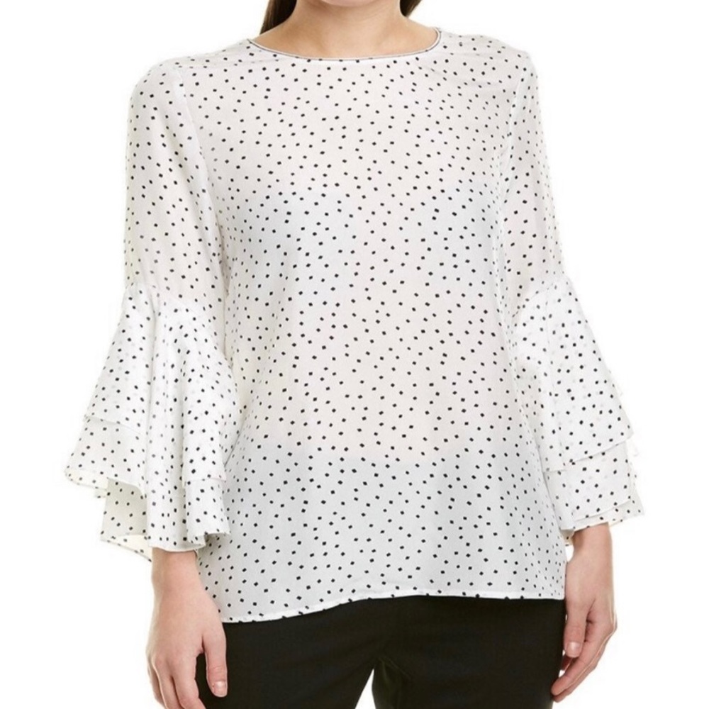 Lafayette 148 Silk Geometric Polka Dot Ruffled Bell Sleeve Blouse XS $498